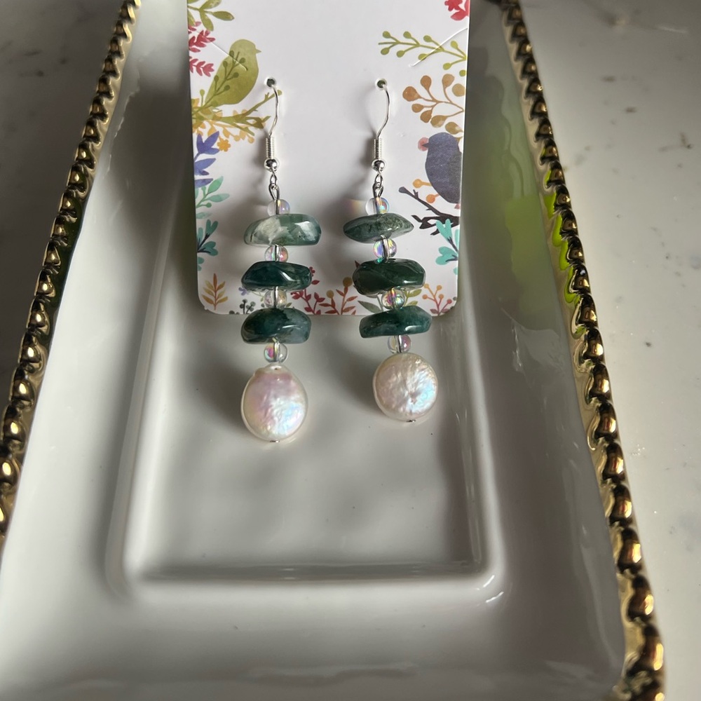 Elegant Green and White Dangle Earrings